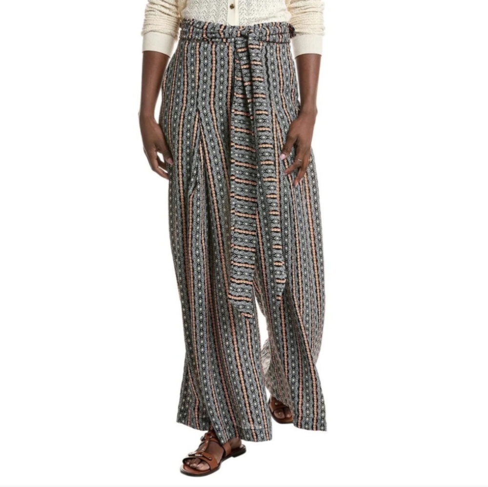 NWT Gracia Boho Palazzo Pants Women's M Black Multi Printed Side Zip Hook Eye